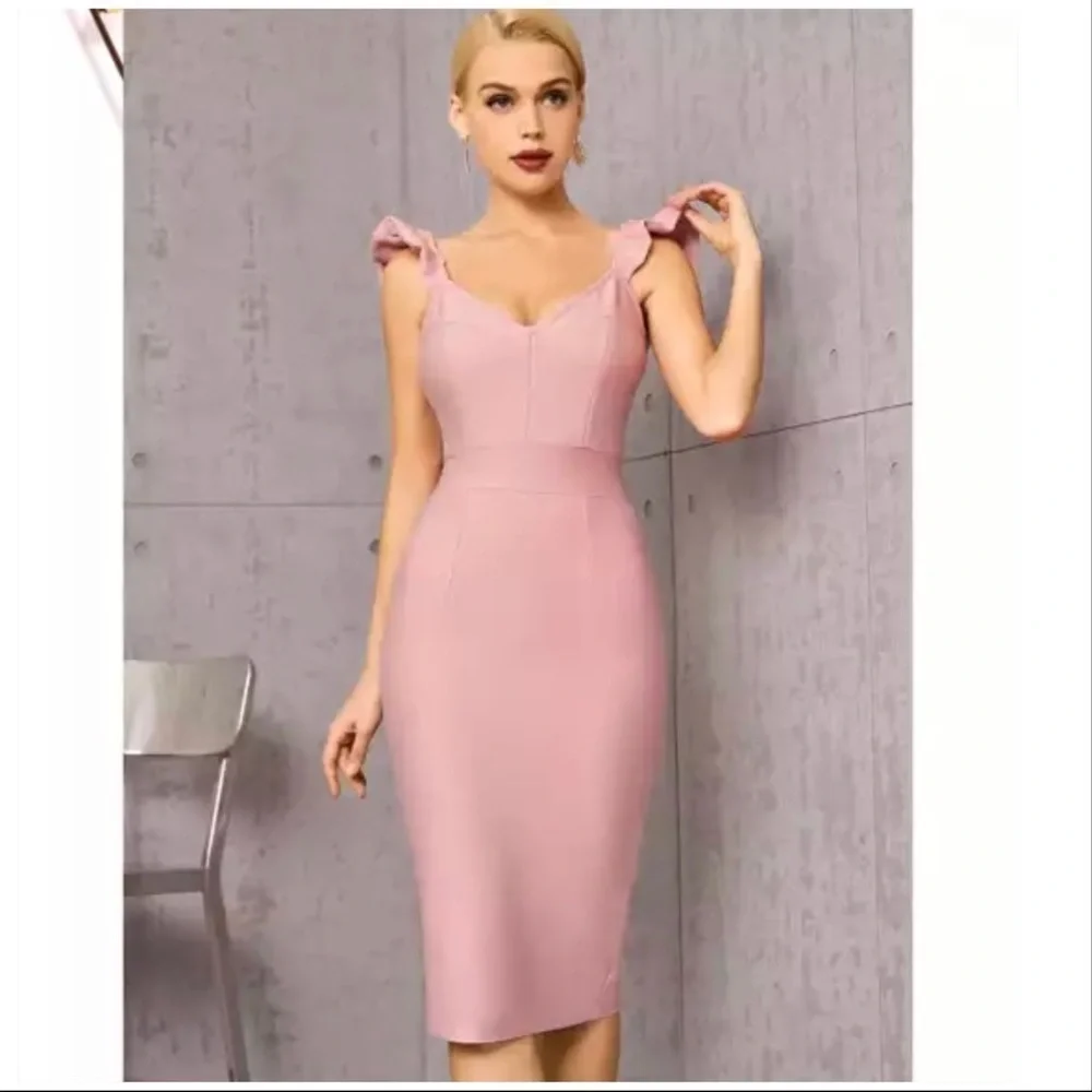 Pink Bodycon Bandage Dress For Summer Sexy Ruffles Sleeveless Midi v neck Size M